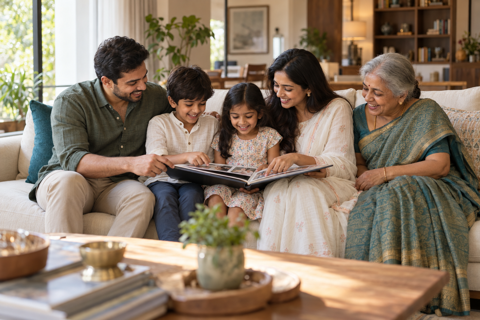 An Indian family sharing stories over a photo album