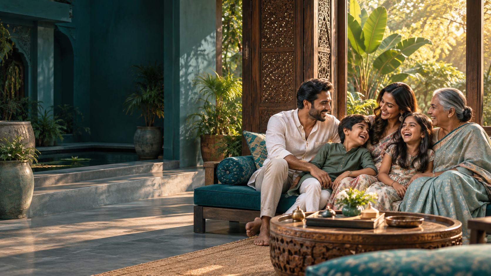 Three generations of an Indian family enjoying time together in a sunlit courtyard home