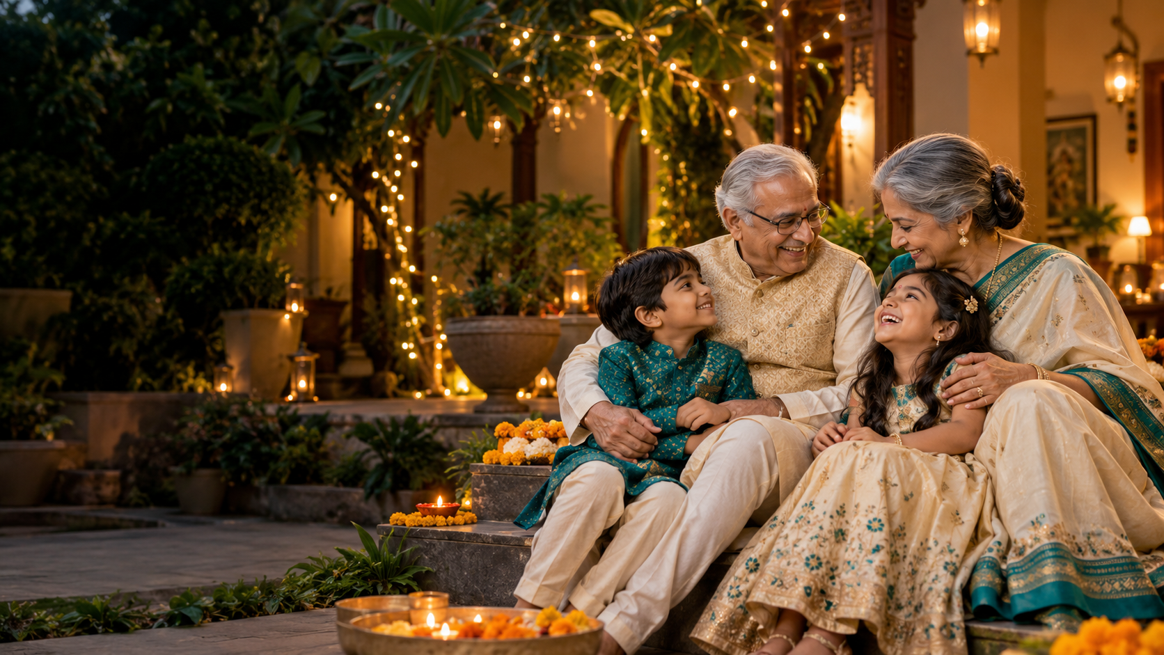 Grandparents and children making memories together in an Indian courtyard